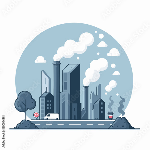 A minimalist flat design illustration of pollution, combining simple elements to highlight environmental issues. Perfect for awareness campaigns, educational materials, or creative projects.