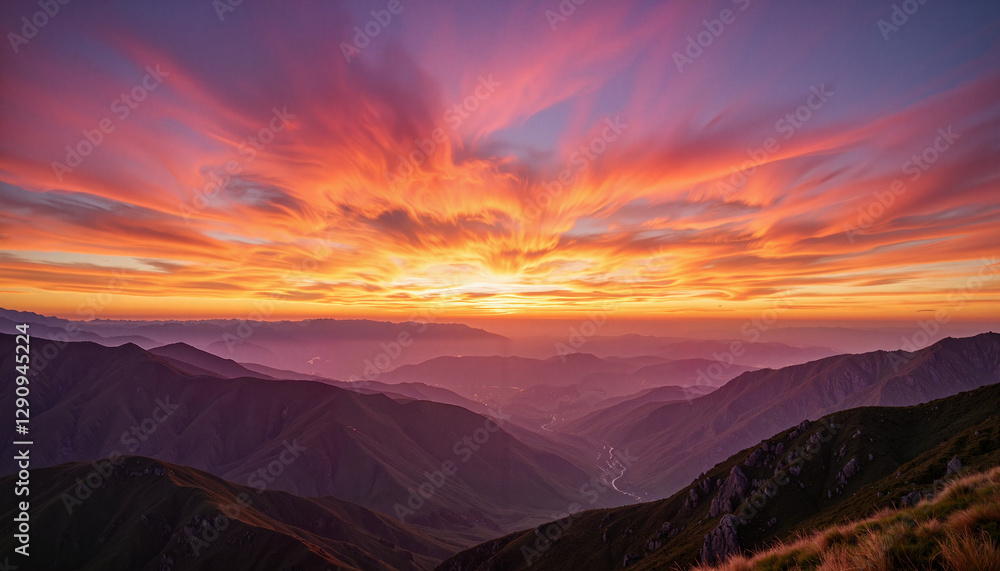 Naklejka premium Vibrant sunset illuminating mountain valley panorama, natural beauty