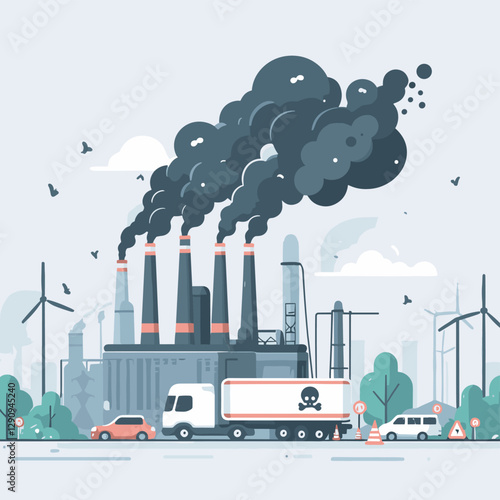 A clean and minimalist flat design illustration depicting pollution, highlighting environmental issues with simplicity and modern aesthetics. Ideal for campaigns, educational tools, or digital project