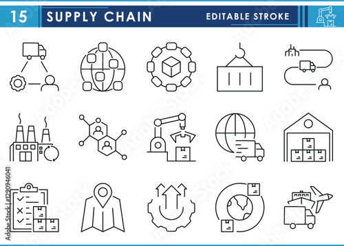 A set of line icons related to Supply Chain. Supply, delivery, worldwide, sea, air, land, location, transfer, cargo, factory, production, and so on. Vector editable stroke.