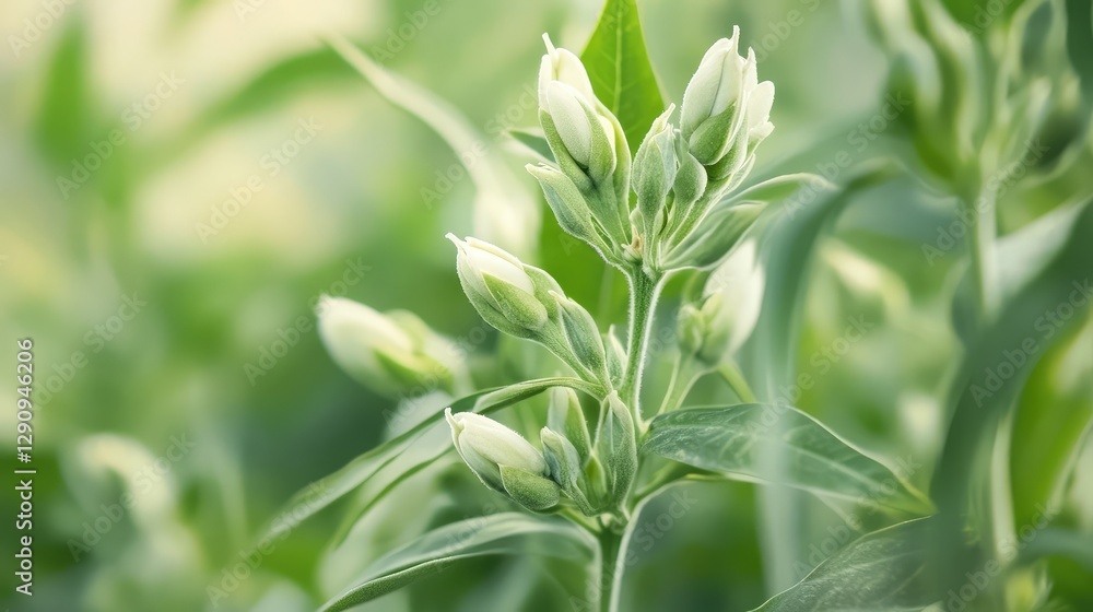 Close-up of sesame seeds developing in green pods on the plant, simple natural farming space for text. Close-up of sesame seeds developing in green pods on the plant, simple natural farming space for text.