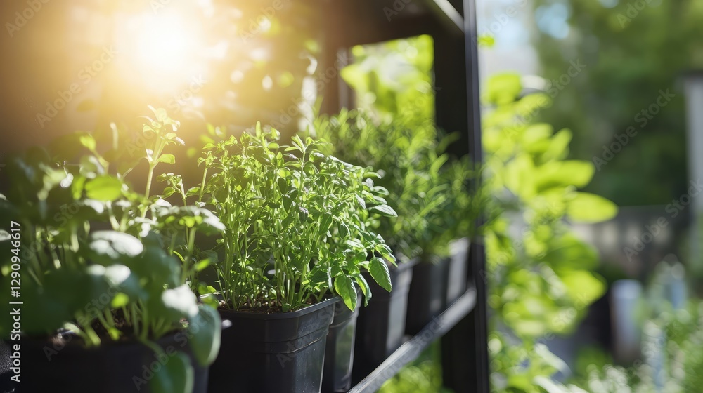 Fototapeta premium Close-up of vertical farming system on a city balcony growing fresh herbs in containers, modern urban agriculture with copy space.