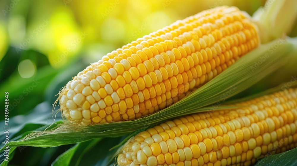 Close-up of vibrant yellow corn kernels on a cob, surrounded by green leaves with space for copy text. Close-up of vibrant yellow corn kernels on a cob, surrounded by green leaves with space for copy text.