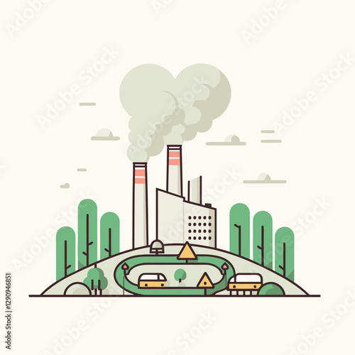 A minimalist flat design illustration depicting pollution, combining clean lines and simple visuals to highlight environmental concerns. Perfect for campaigns, educational use, and creative works.