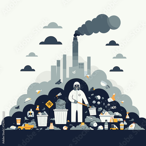 A minimalist flat design illustration depicting pollution, combining clean lines and simple visuals to highlight environmental concerns. Perfect for campaigns, educational use, and creative works.