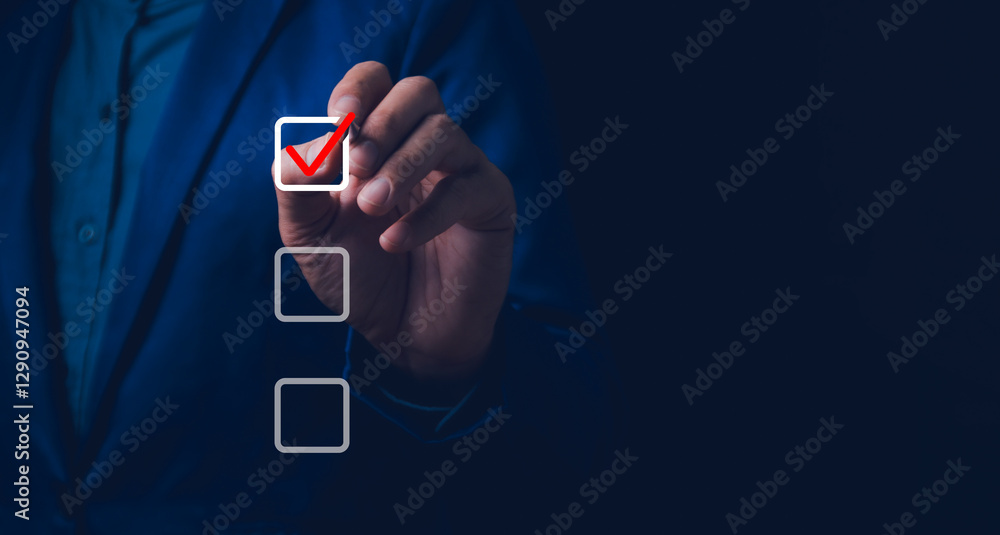 Checklist concept, business person checklist tick answer sign in checkbox, validation online questionnaire quality control document, man use pen to tick correct sign mark in checkbox form.