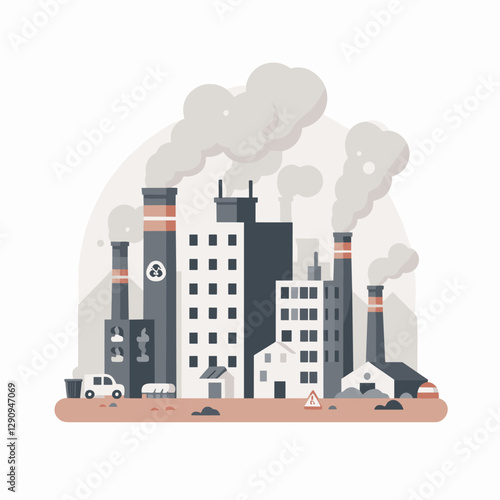 A minimalist flat design illustration depicting pollution, combining clean lines and simple visuals to highlight environmental concerns. Perfect for campaigns, educational use, and creative works.