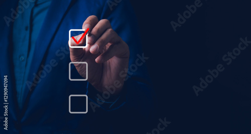 Obraz na płótnie Checklist concept, business person checklist tick answer sign in checkbox, validation online questionnaire quality control document, man use pen to tick correct sign mark in checkbox form. w salonie