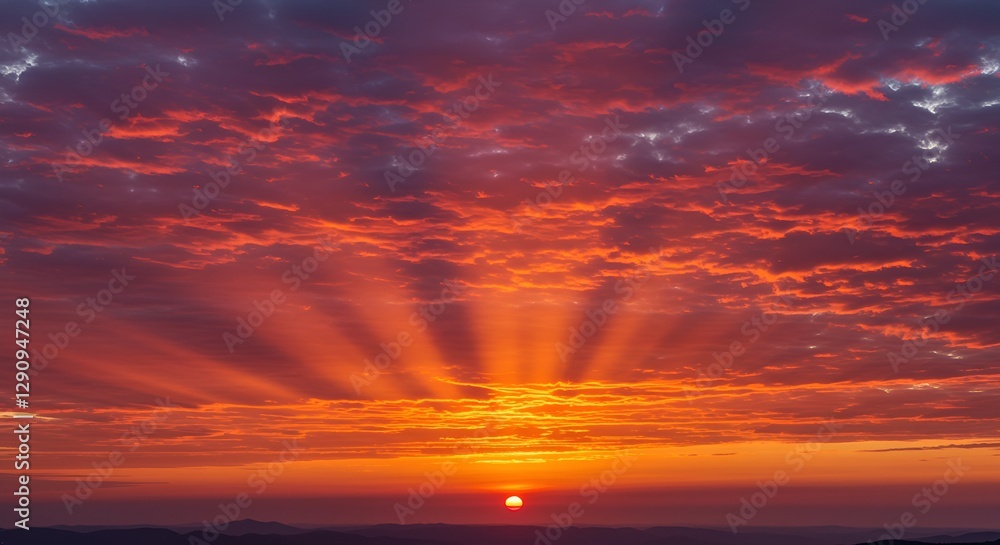Fototapeta premium Vivid sunset sky with glowing clouds, deep orange and pink hues, sunbeams spreading through the sky, ultra-detailed, photorealistic, ultra HD, crystal clear sharpness, professional DSLR quality