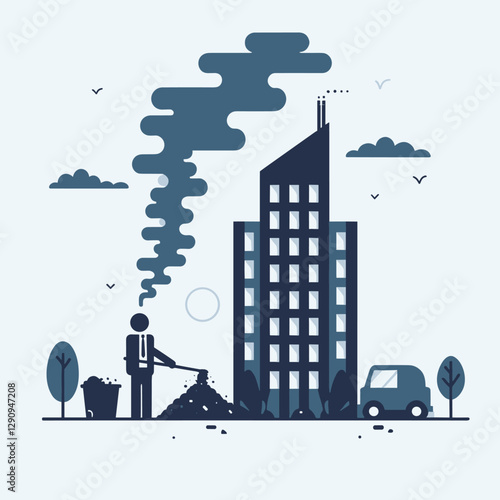 A minimalist flat design illustration depicting pollution, combining clean lines and simple visuals to highlight environmental concerns. Perfect for campaigns, educational use, and creative works.