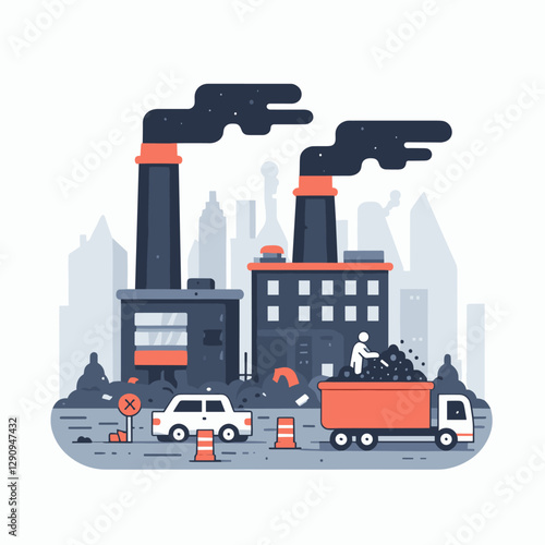 A clean and minimalist flat design illustration of pollution, featuring simple shapes to represent environmental issues. Ideal for educational content, awareness campaigns, and digital projects.