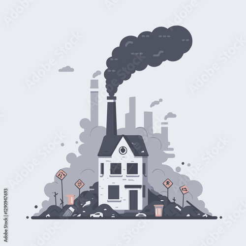 A clean and minimalist flat design illustration of pollution, featuring simple shapes to represent environmental issues. Ideal for educational content, awareness campaigns, and digital projects.