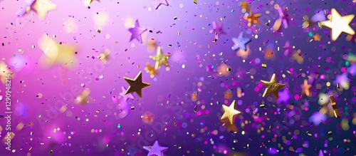 Colorful celebratory background featuring scattered golden stars and glitter over a gradient of purple and pink hues creating a festive atmosphere.