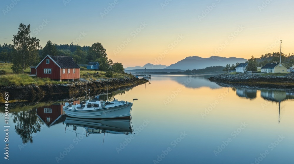 Obraz premium Calm morning at a serene coastal village with a small boat on still water, reflecting houses and mountains in the sunrise.