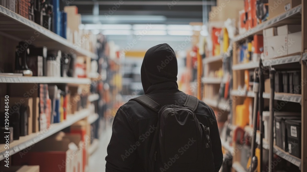 Thief alert at a hardware store, security noticing suspicious behavior. Featuring swift response and store protection Thief alert at a hardware store, security noticing suspicious behavior. Featuring swift response and store protection