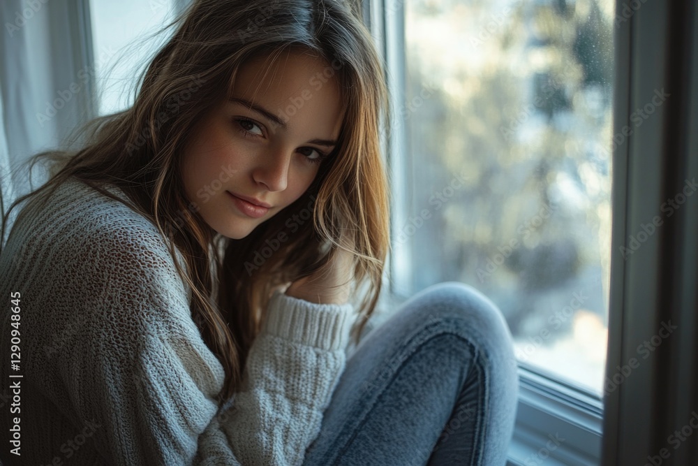 A woman sits on a windowsill, looking out the window A woman sits on a windowsill, looking out the window