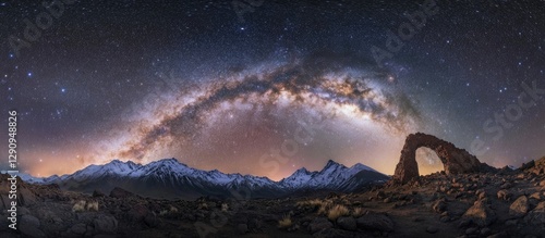 Majestic night sky over mountainous landscape featuring vibrant Milky Way arc and rocky arch in foreground with subtle gradient hues in the background