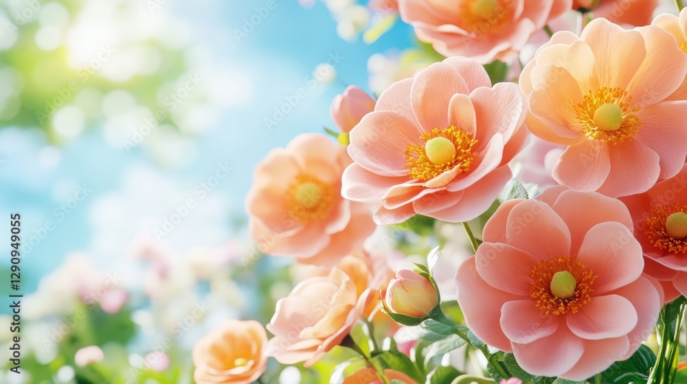 Soft Peach Blossoms in Sunny Garden with Blurred Background Soft Peach Blossoms in Sunny Garden with Blurred Background