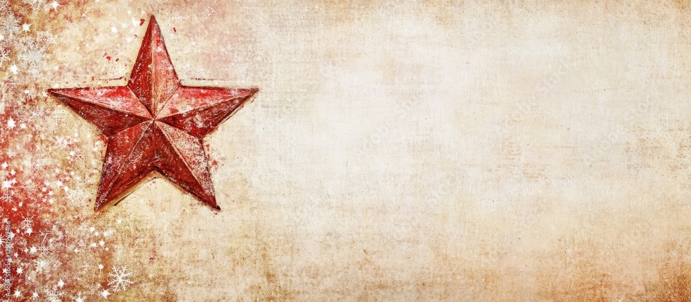 Fototapeta premium Vintage distressed Christmas paper background with a faded red star on the left and a warm beige texture perfect for holiday-themed projects.