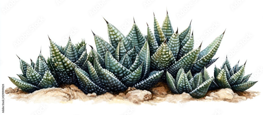 Naklejka premium Vibrant clusters of Haworthia succulents in shades of green and gray against a crisp white background showcasing their unique textures and shapes.