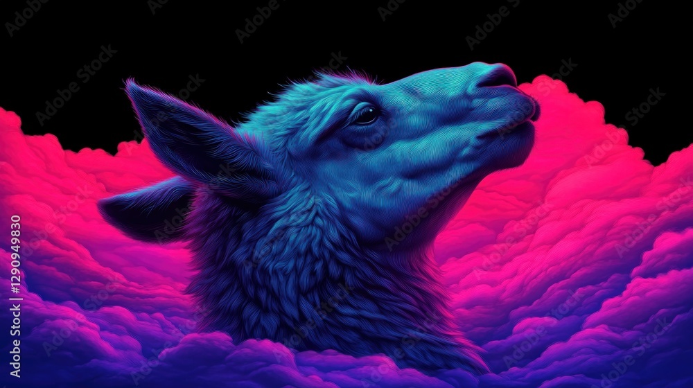 Obraz premium Vibrant Llama Emerging from Colorful Clouds in Surreal Art Style