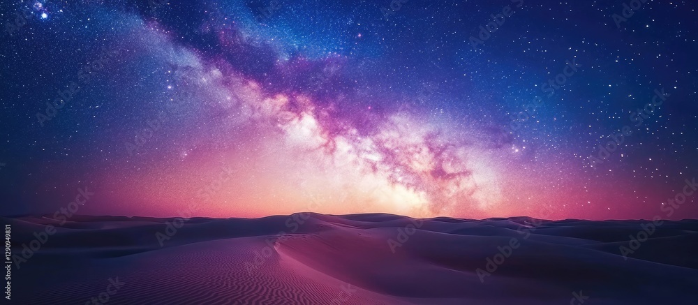 Fototapeta premium Vibrant Milky Way Galaxy arches over sandy dunes under a twilight sky with hues of pink and purple in Abu Dhabi Desert UAE.