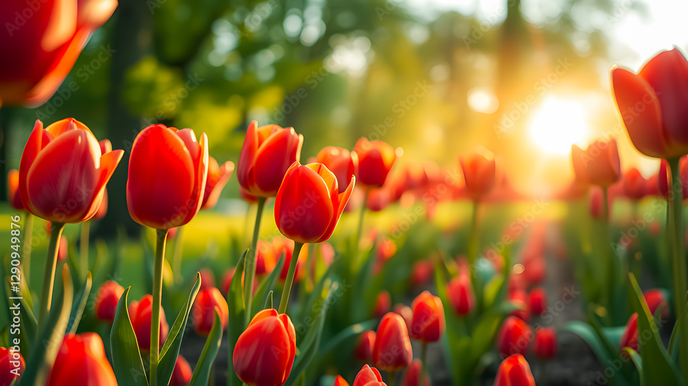 Fototapeta premium Enchanting field of red tulips glowing in warm golden light of sunset. Tranquil spring nature, closeup artistic sunlight rays colorful lush foliage flowers meadow. Peaceful calm natural landscape