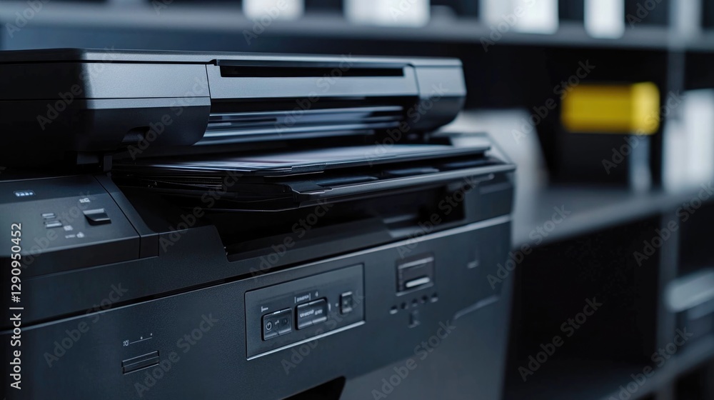 A desktop printer situated on top of a shelf A desktop printer situated on top of a shelf
