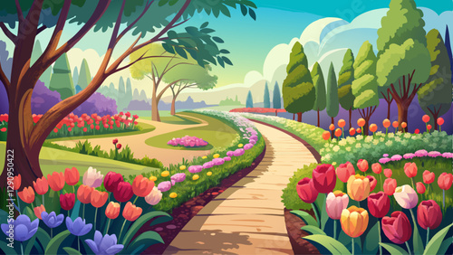 A winding garden path lined with blooming tulips and fresh spring greenery, inviting a serene walk.