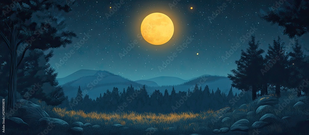 Fototapeta premium Luminous full moon illuminating a dark night sky above silhouettes of pine trees and distant mountains with twinkling stars in a serene landscape.