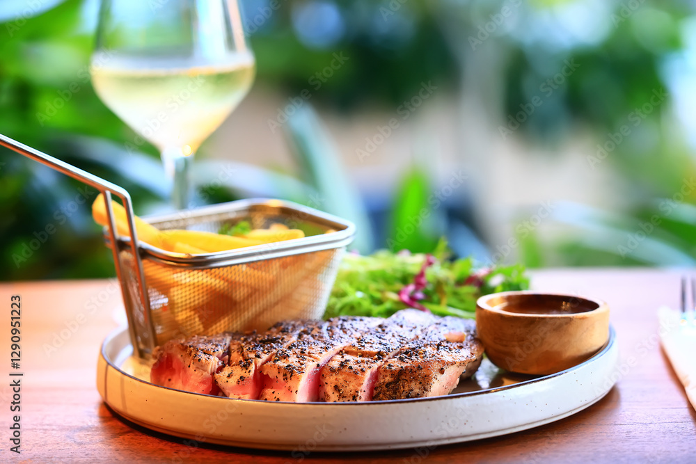a glass of white wine served in a restaurant, abstract background of a summer restaurant a glass of white wine served in a restaurant, abstract background of a summer restaurant