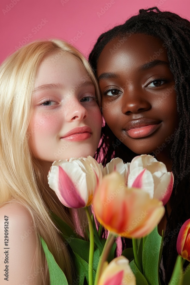 Two young girls posing with tulips, a bright and cheerful moment Two young girls posing with tulips, a bright and cheerful moment