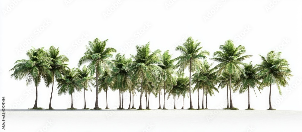 Obraz premium Tropical palm trees isolated on white background, lush green foliage arranged in a horizontal line, creating a serene architectural design element.