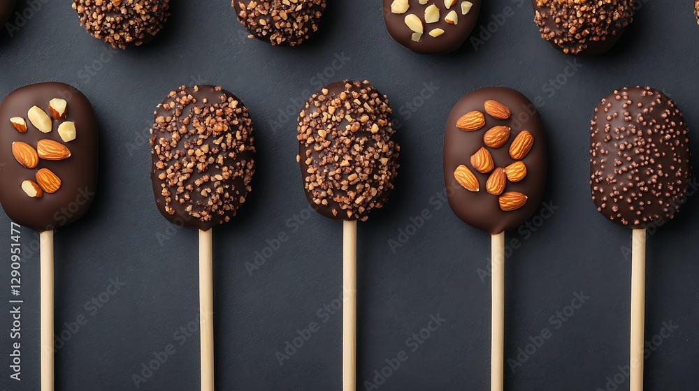 Chocolate covered dessert pops arranged on dark surface, seen from above, for culinary presentation Chocolate covered dessert pops arranged on dark surface, seen from above, for culinary presentation