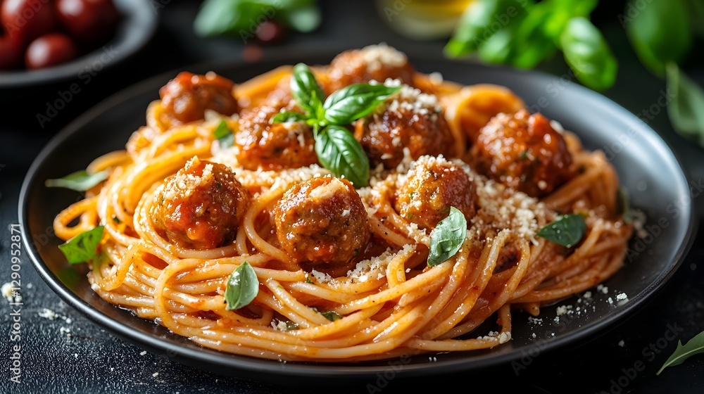 Flavorful Spaghetti with Meatballs and Parmesan on Rustic Dark Surface Flavorful Spaghetti with Meatballs and Parmesan on Rustic Dark Surface