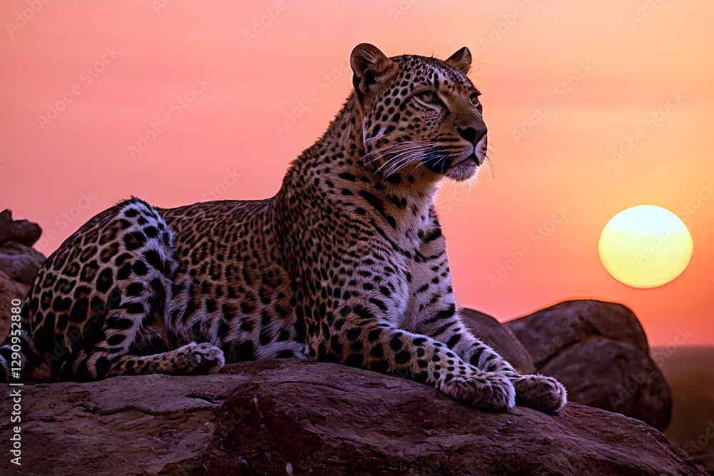 Naklejka premium Leopard on Rocks at Sunset - 02