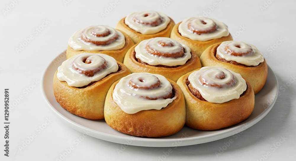 A plate of golden brown cinnamon rolls with a thick layer of cream cheese frosting, placed on a white background A plate of golden brown cinnamon rolls with a thick layer of cream cheese frosting, placed on a white background