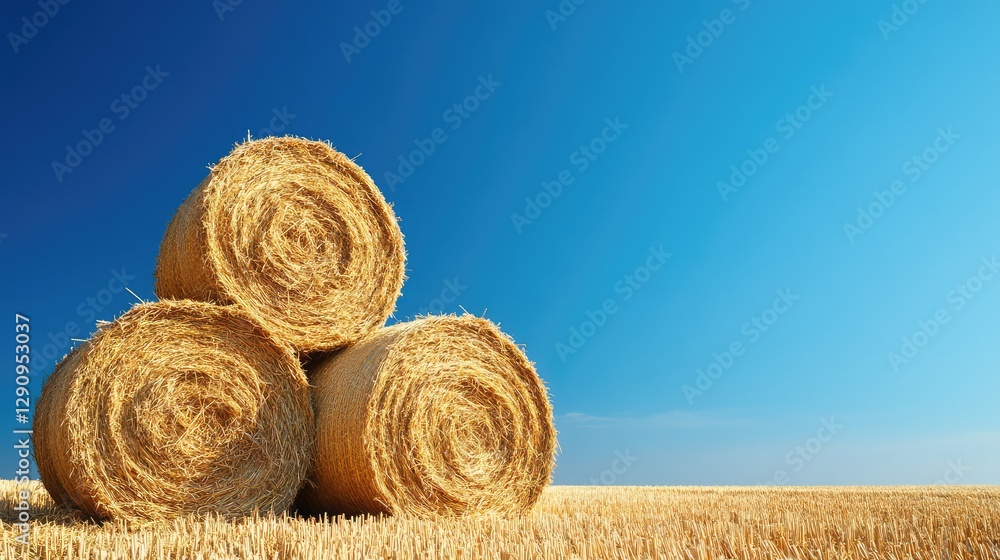 Golden hay bales stacked on an open field during harvest season, clear blue sky overhead, perfect rustic farming background for copy space. Golden hay bales stacked on an open field during harvest season, clear blue sky overhead, perfect rustic farming background for copy space.