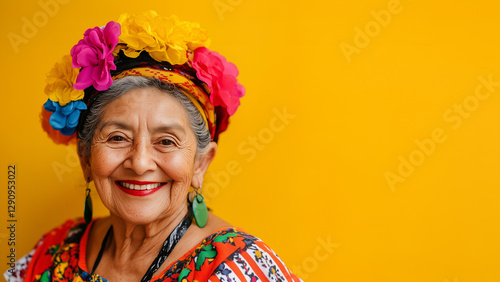 Old latina woman in colorful dress, mexican abuela (grandmother) on vibrant yellow background with copy space, South American or Cinco de Mayo celebration ,travel in South America or Mexico