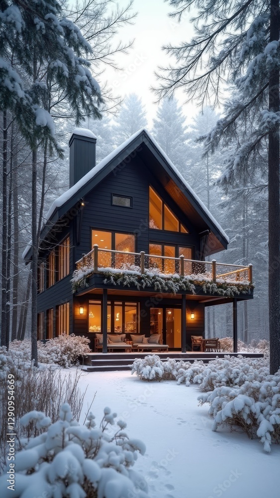 A Modern House Adorned With Holiday Decorations Stands Amidst a Snowy Forest A Modern House Adorned With Holiday Decorations Stands Amidst a Snowy Forest