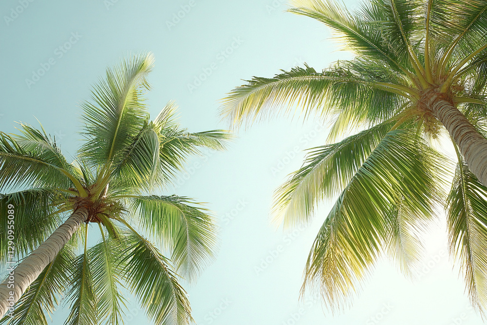 Fototapeta premium Tall coconut palms against a clear blue sky, shot from below. Summer banner in calm natural tones.