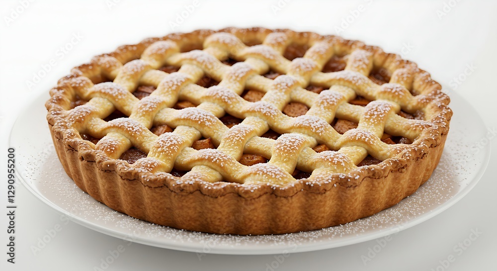 A rustic apple pie with a golden lattice crust, dusted with powdered sugar, sitting on a white ceramic plate against a white background A rustic apple pie with a golden lattice crust, dusted with powdered sugar, sitting on a white ceramic plate against a white background