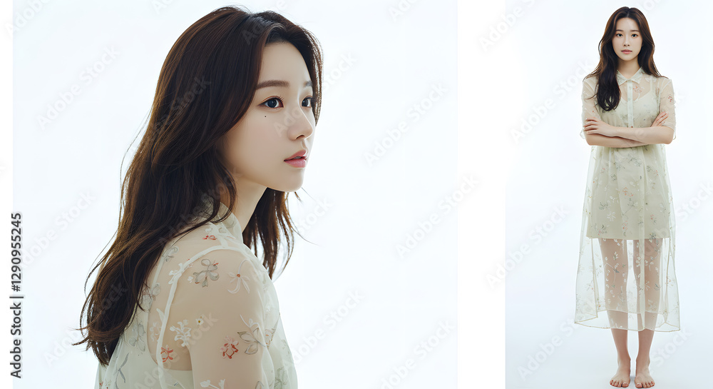 Elegant Asian Woman in Sheer Dress - Sensual Fashion Poses Stock Photo Elegant Asian Woman in Sheer Dress - Sensual Fashion Poses Stock Photo