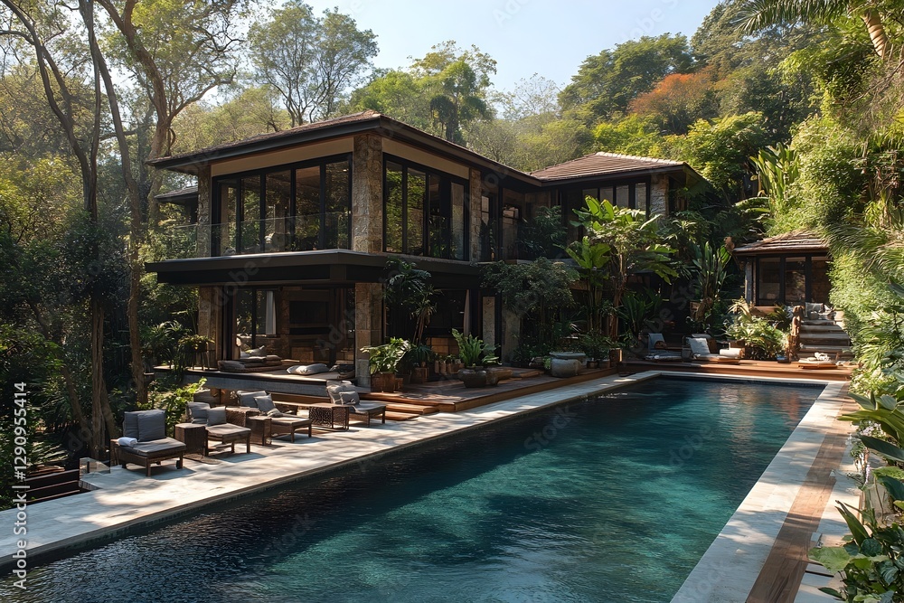 Fototapeta premium Luxury Cubic House with Minimalist Architecture Inviting Pool and Lush Surrounding Gardens