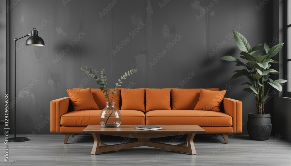 Obraz premium A modern living room showcases a vibrant orange sofa with plush cushions, accompanied by a sleek coffee table and green foliage, creating a cozy and stylish atmosphere perfect for relaxation