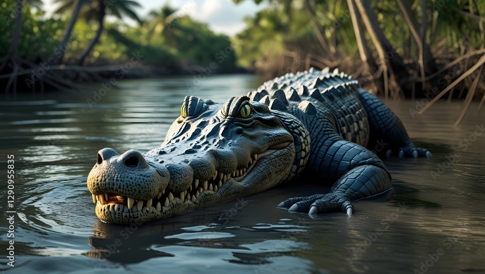 Fototapeta premium Formidable Saltwater Crocodile Lying in Wait in a Dense Tropical River Habitat