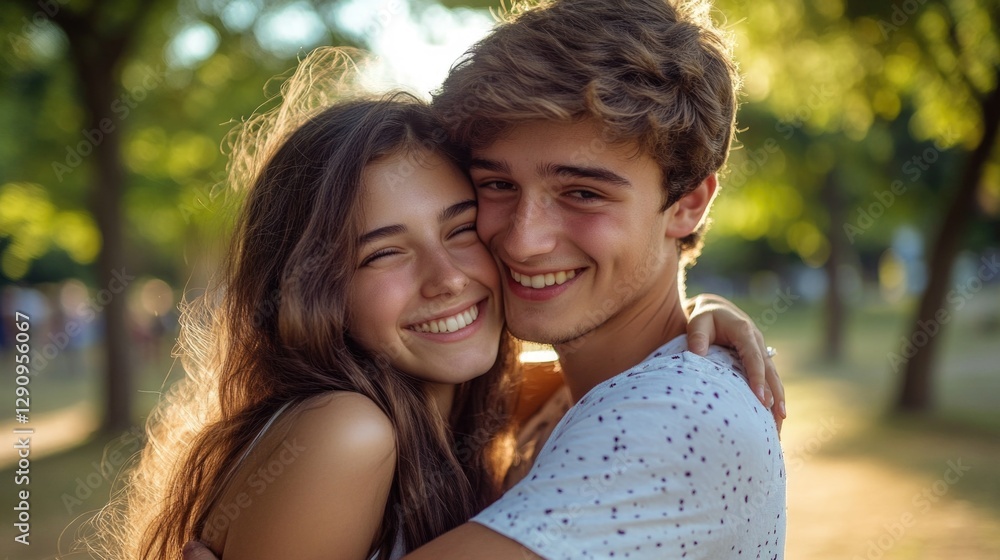 A romantic moment between two people, embracing each other in a peaceful outdoor setting A romantic moment between two people, embracing each other in a peaceful outdoor setting