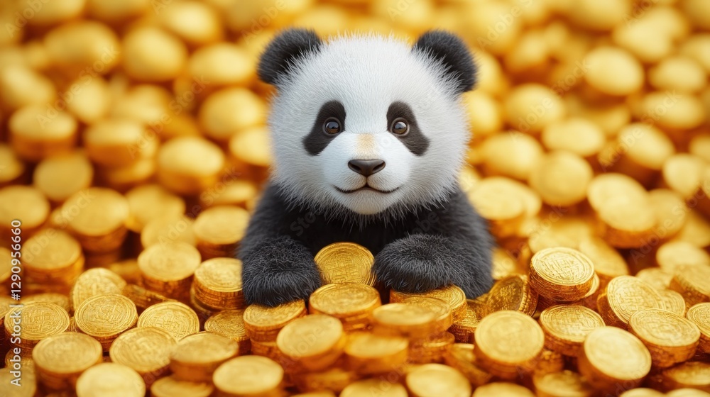 Fototapeta premium Adorable panda bear surrounded by golden coins symbolizing wealth and prosperity