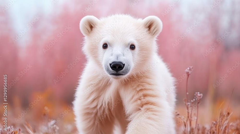 Adorable Polar Bear Cub in a Beautiful Pink Floral Background in Nature Adorable Polar Bear Cub in a Beautiful Pink Floral Background in Nature