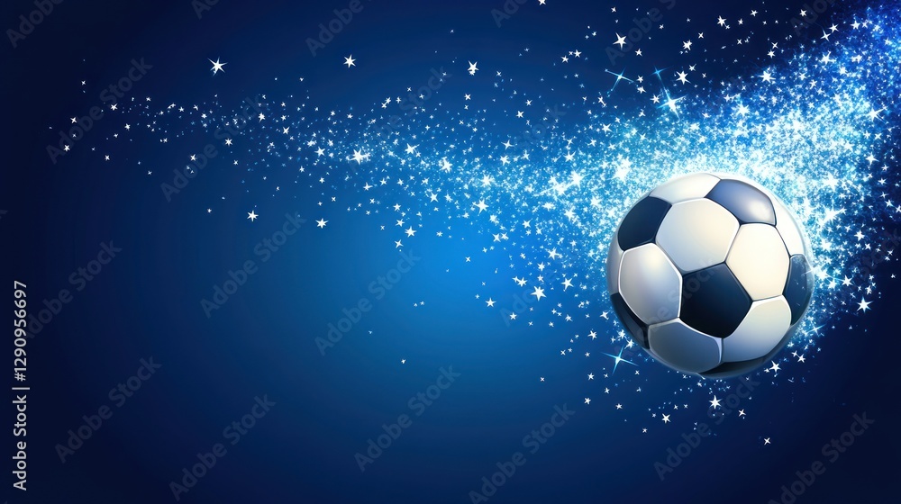 Fototapeta premium Soccer ball with sparkling trail on blue background.